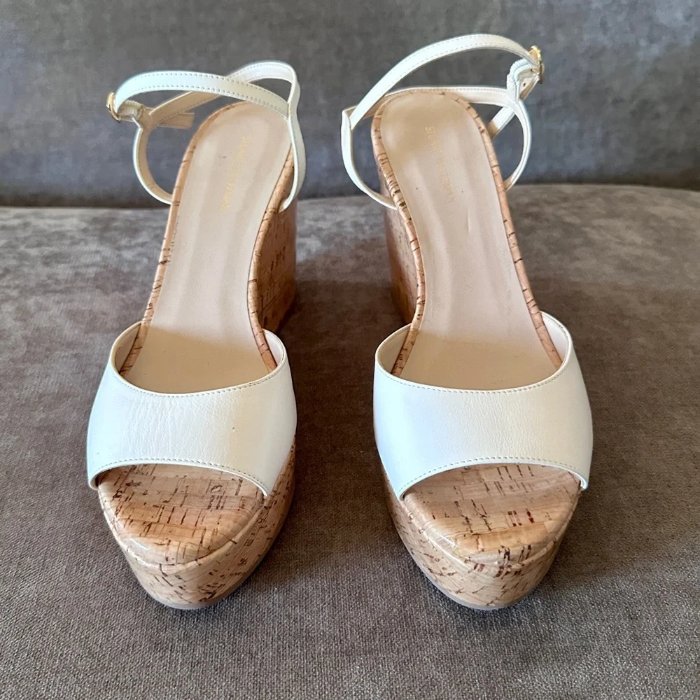 Stuart Weitzman Beige Leather Buckle Strappy Wedge Sandals Women EU 39 US 9 - Picture 4 of 12